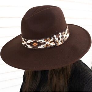 Brown Wide-Brim Hat with Patterned Band